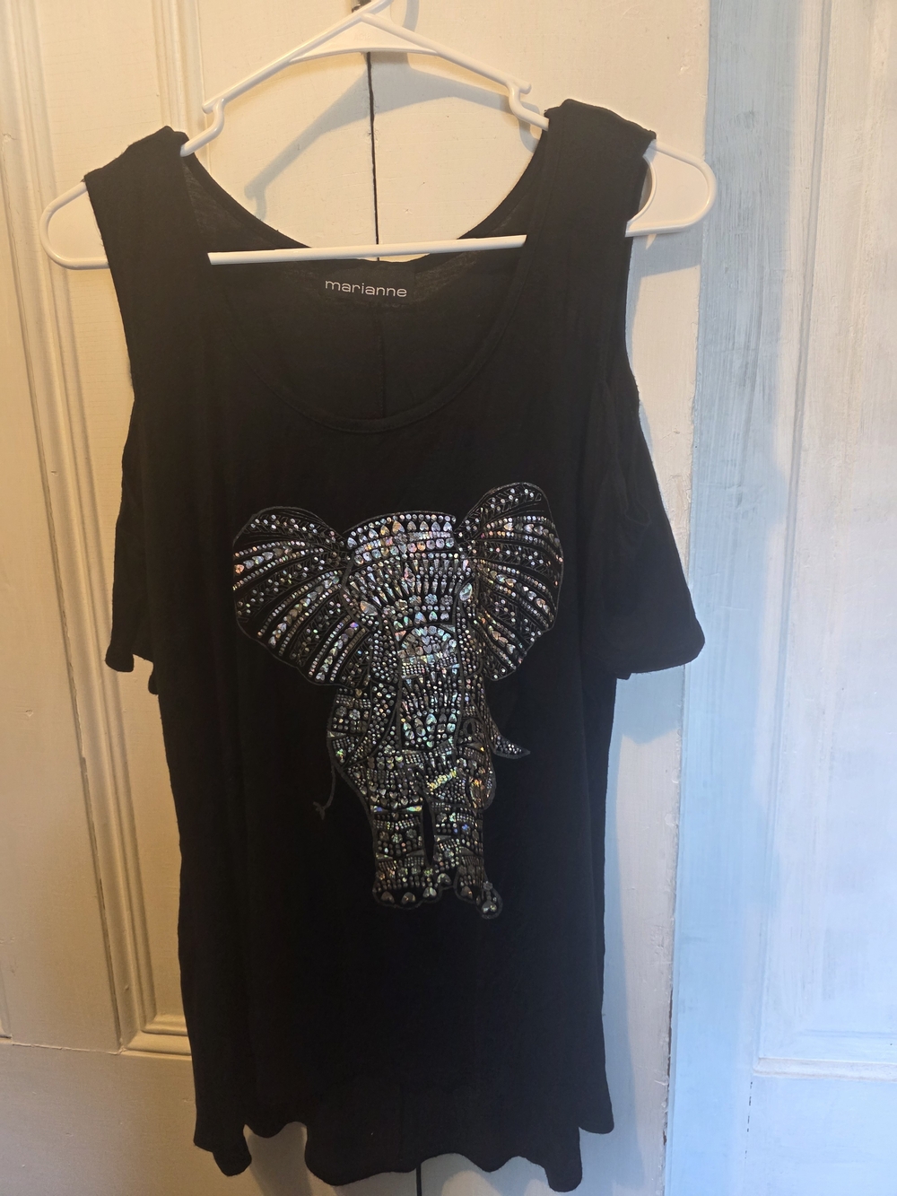 Marianne Black Cold-Shoulder Tank with Embellished Elephant